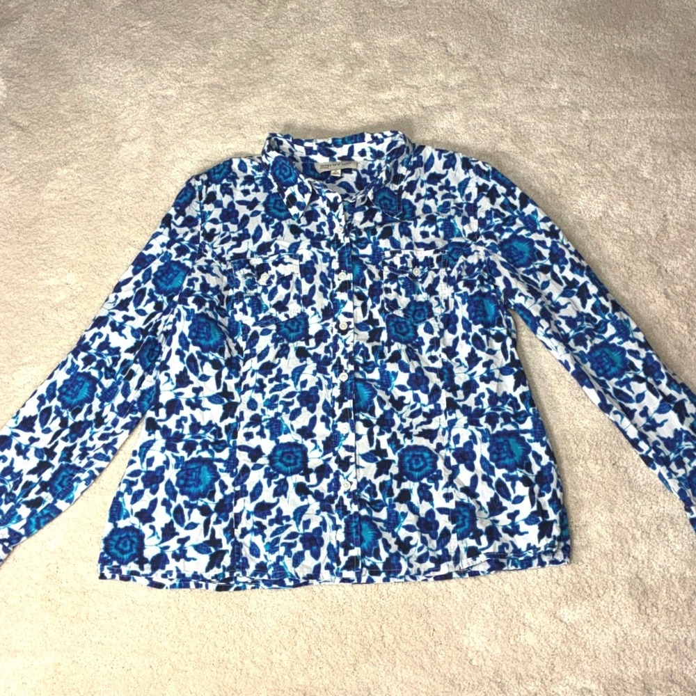 Jones New York Blue Floral Button Up Shirt - XL -‎ Cotton Long Sleeve Boho Vibes